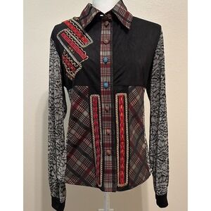 Save the Queen Womens Button Up Top XL Long Sleeve Patchwork Mixed-Media Vintage